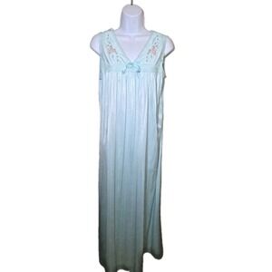Vtg 80s Embroidered Long Nightgown‎ Nylon Seafoam Green Katz Cottage Bow Size M